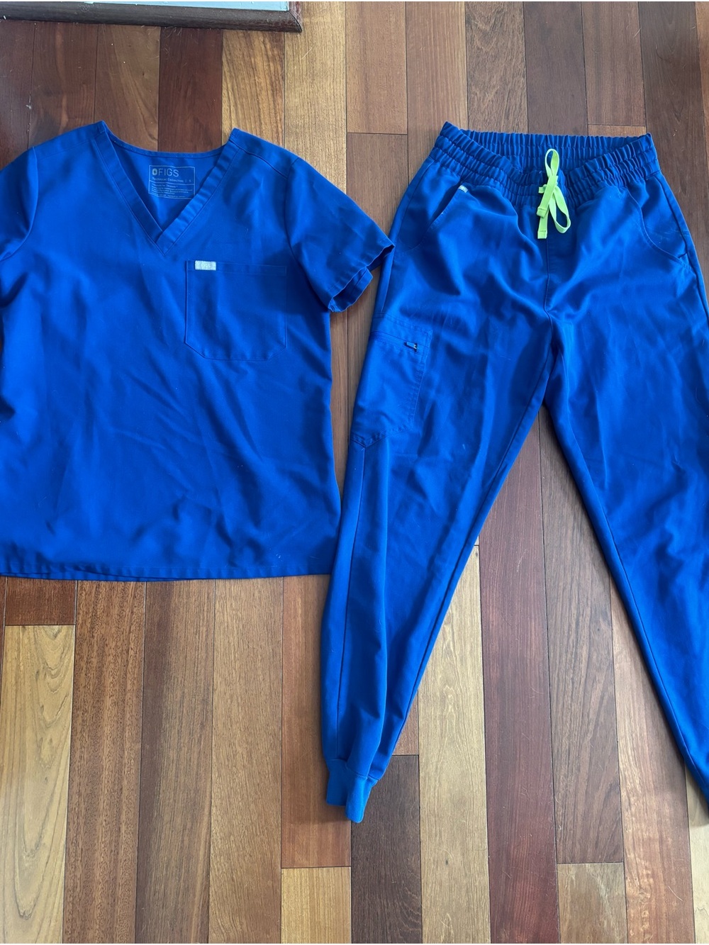 Figs Women's Royal Blue Scrub Top and Jogger Pants with Neon Drawstring